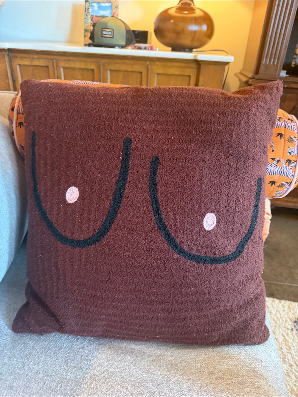 Boobie Pillow - Brown Boob With Pink Pillow Cover + Pillow - Picture 10 of 11